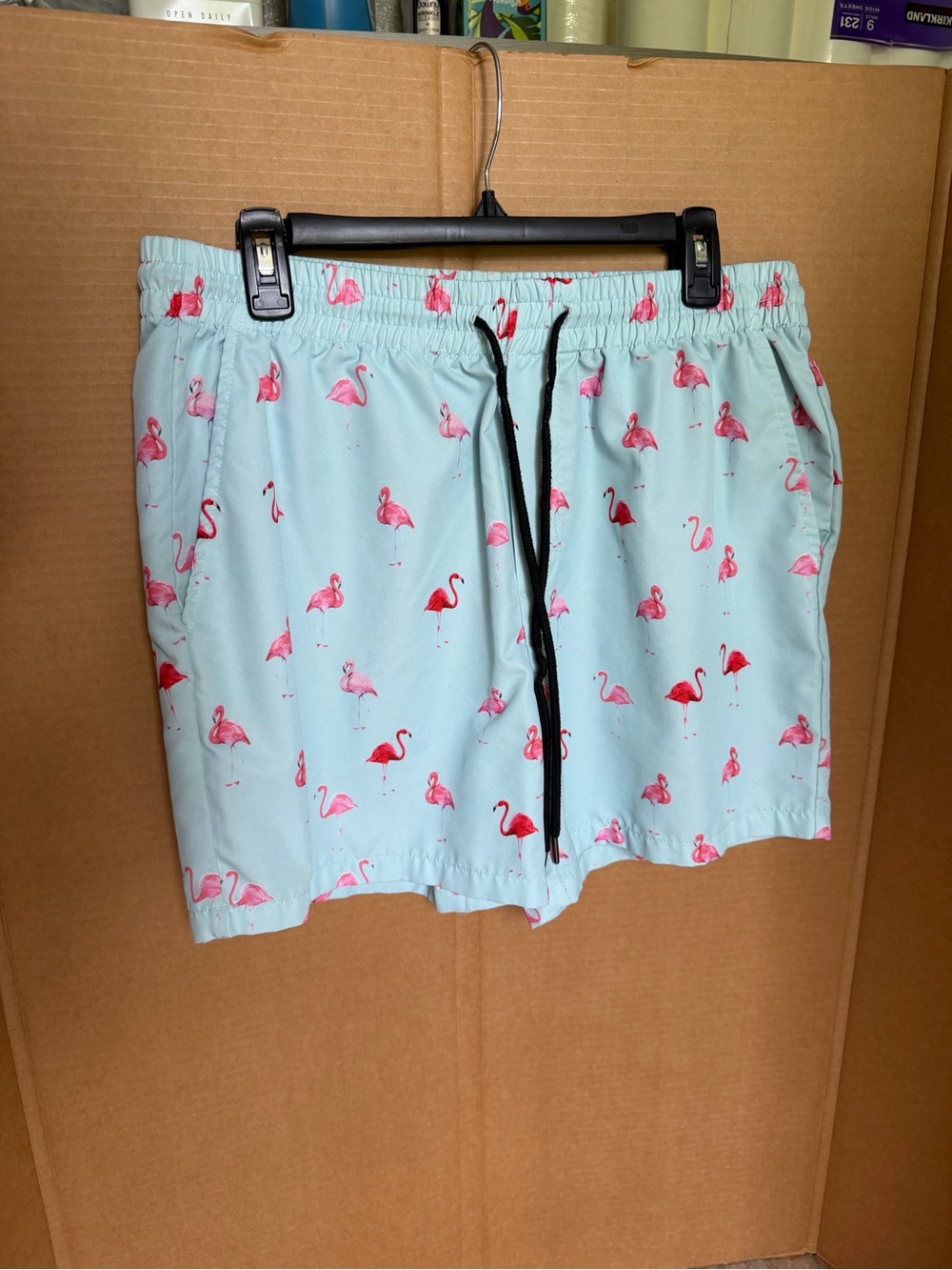 SHEIN Flamingo Print Light Blue Swim Shorts